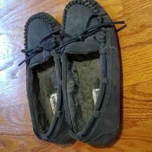 Minnetonka slip on moccasins,  grey size 7, suede, excellent condition. Comfy
